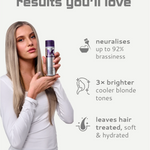 Woman holding aTone & Treat shampoo  with text about hair color correction benefits on a light gray background