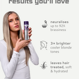 Woman holding aTone & Treat shampoo  with text about hair color correction benefits on a light gray background