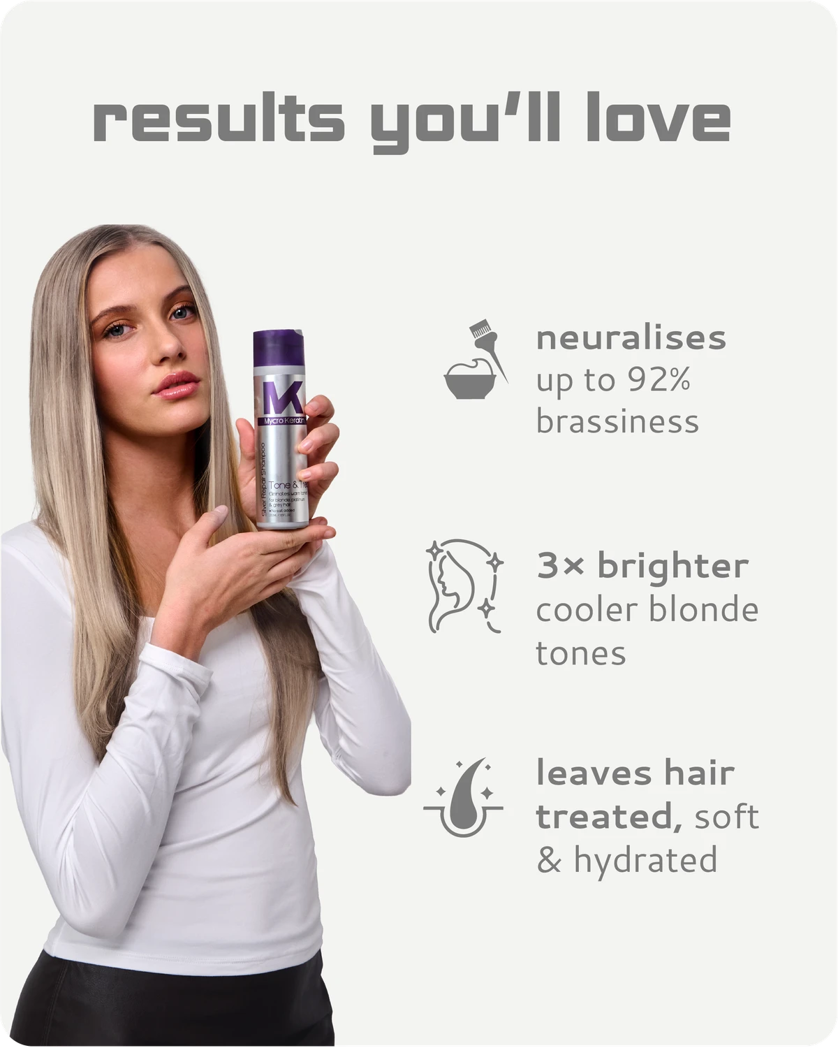 Woman holding aTone & Treat shampoo  with text about hair color correction benefits on a light gray background