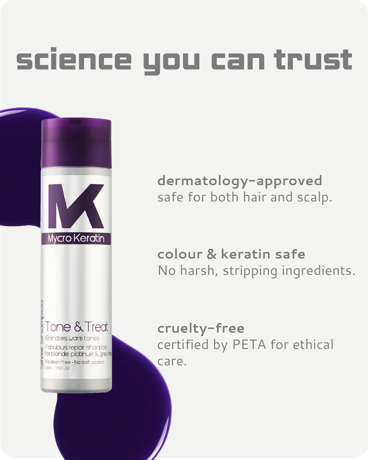 Mycro Keratin Tone & Treat shampoo  bottle with product features on a white background