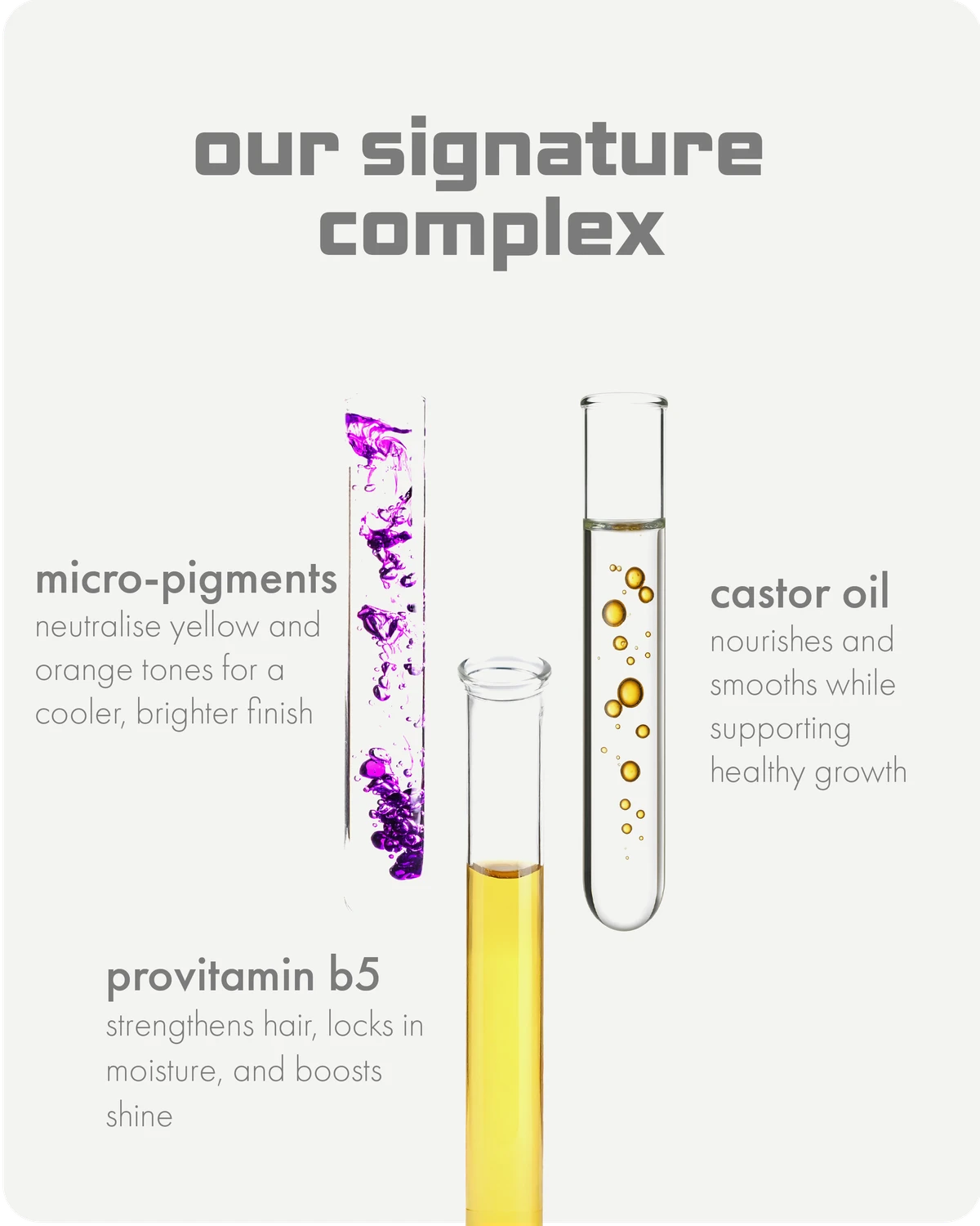 Three test tubes with different ingredients and their benefits on a white background