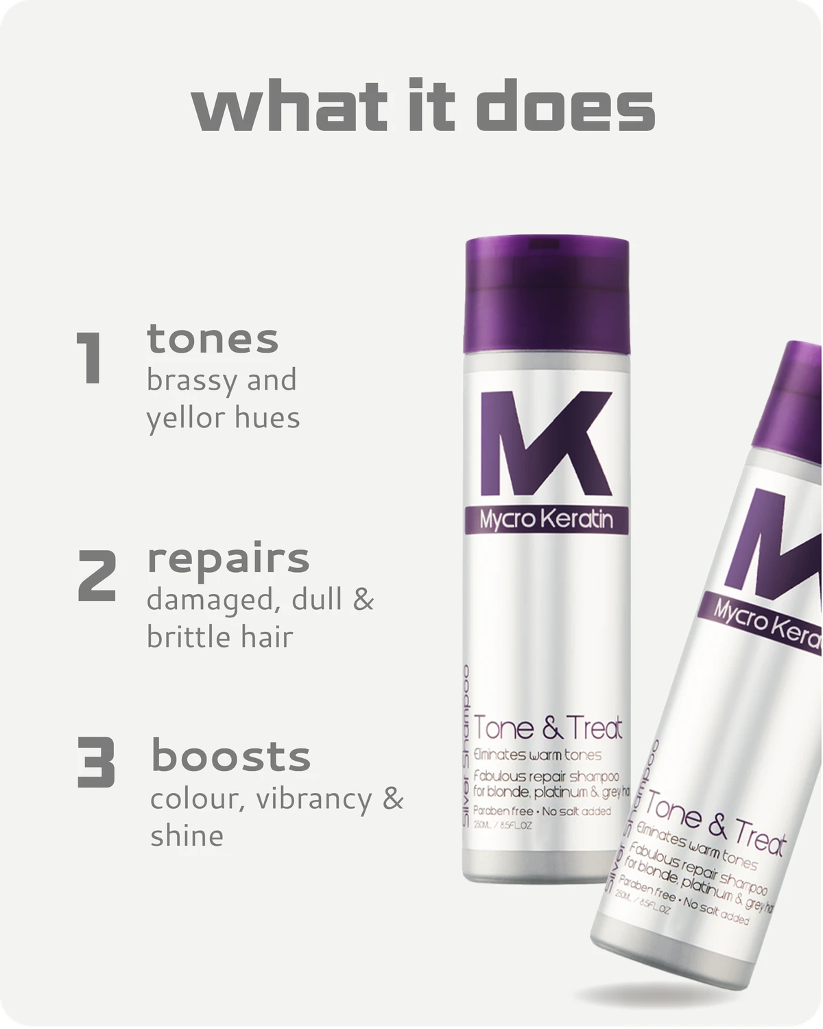 Two bottles of Mycro Keratin Tone & Treat shampoo with text describing its benefits on a white background.