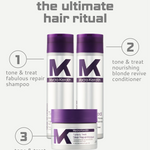 Mycro Keratin hair care product set with shampoo, conditioner, and masque on a white background.