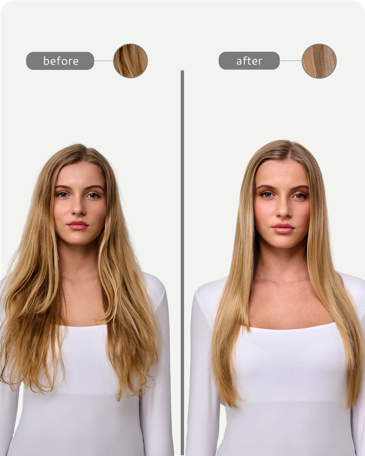 Before and after comparison of a woman with long blonde hair on a white background