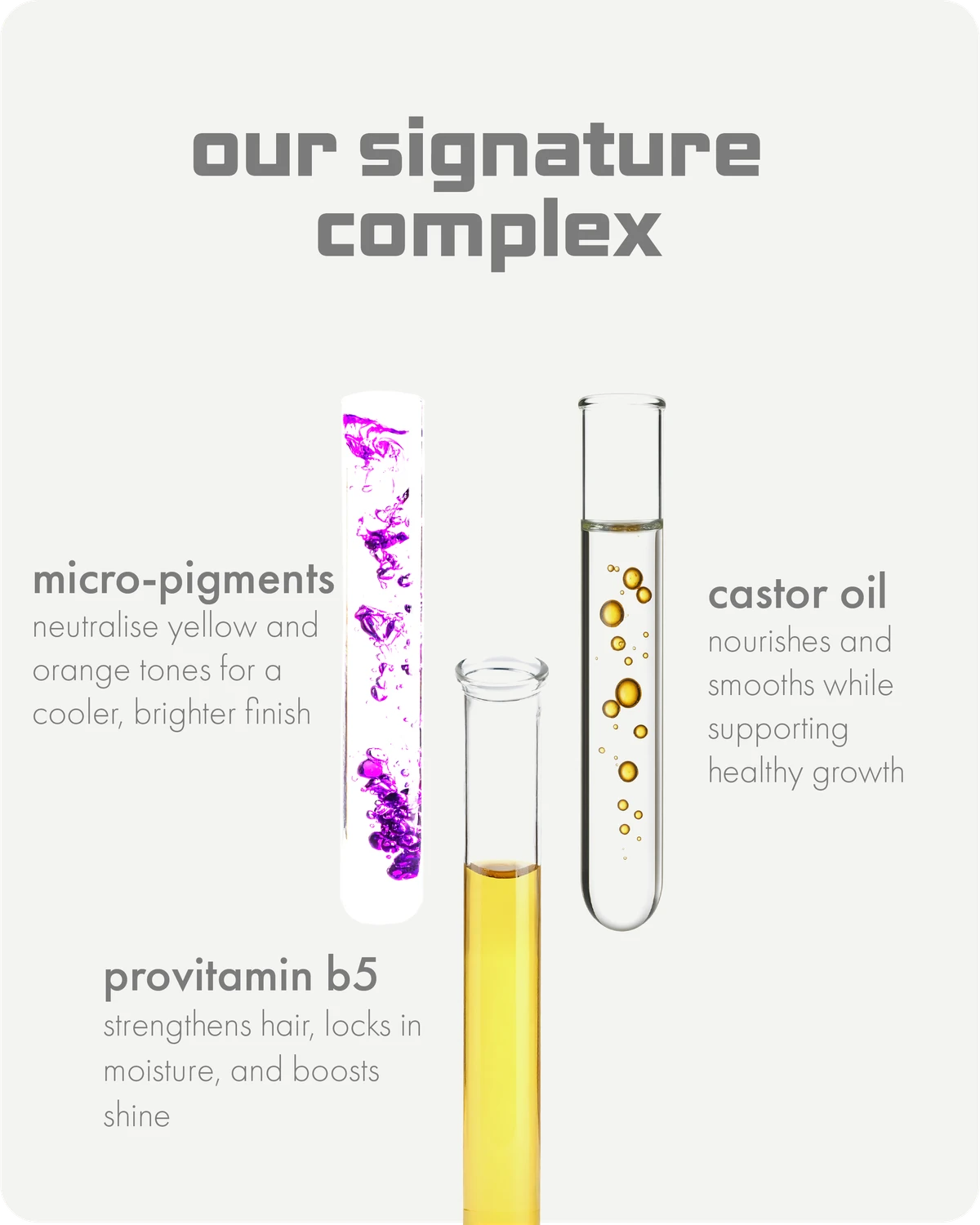 Three test tubes with liquid and text describing a hair care product's signature complex on a white background.