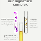 Three test tubes with liquid and text describing a hair care product's signature complex on a white background.
