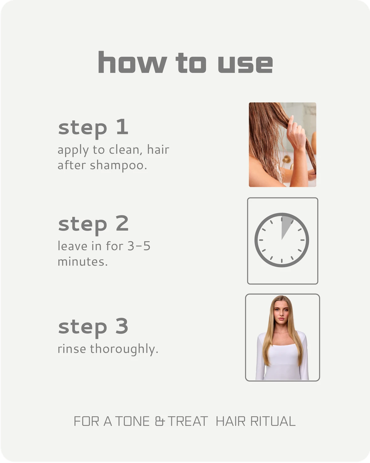 Instructions on how to use Tone and Treat conditioner with step-by-step guide and images.