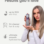 Woman holding Tone and Treat conditioner with text about product benefits on a light gray background