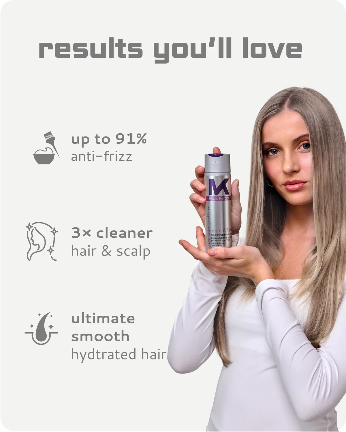 Woman holding Tone and Treat conditioner with text about product benefits on a light gray background