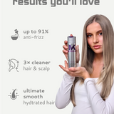 Woman holding Tone and Treat conditioner with text about product benefits on a light gray background
