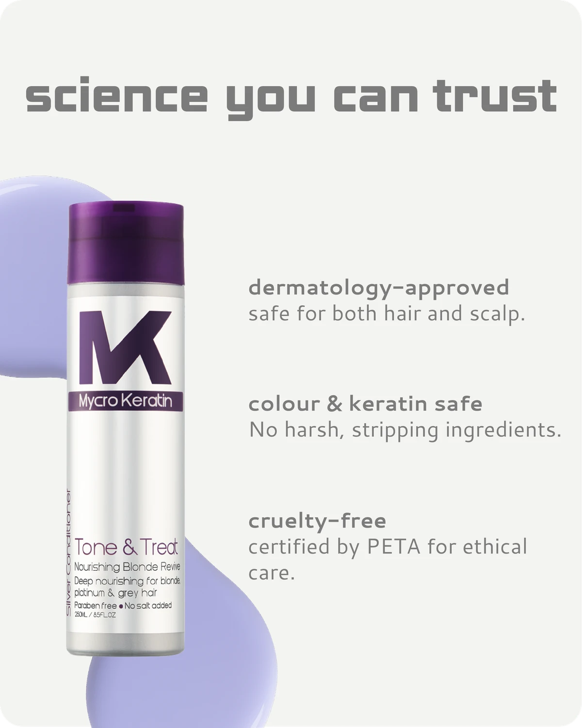 Mycro Keratin Tone and Treat conditioner with features listed on a light gray background