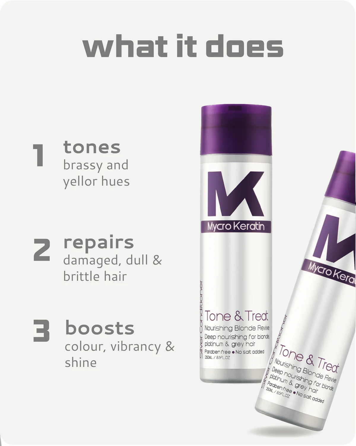 Two bottles of Micro Keratin Tone and Treat conditioner with text describing their benefits on a white background.