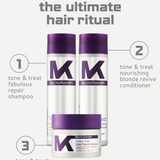 Three bottles of Myro Keratin Tone and Treat conditioner on a white background with text indicating the ultimate hair ritual.
