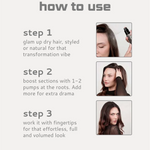 Instructions on how to use a hair product with step-by-step text and images of a woman styling her hair.