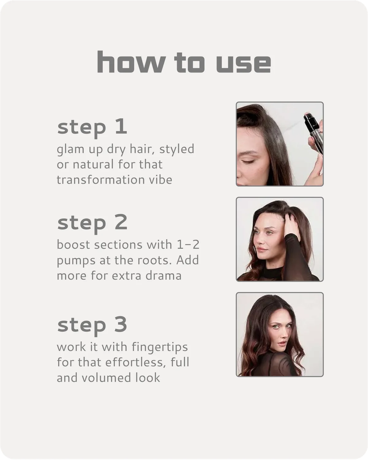 Instructions on how to use a hair product with step-by-step text and images of a woman styling her hair.