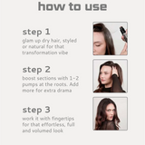 Instructions on how to use a hair product with step-by-step text and images of a woman styling her hair.