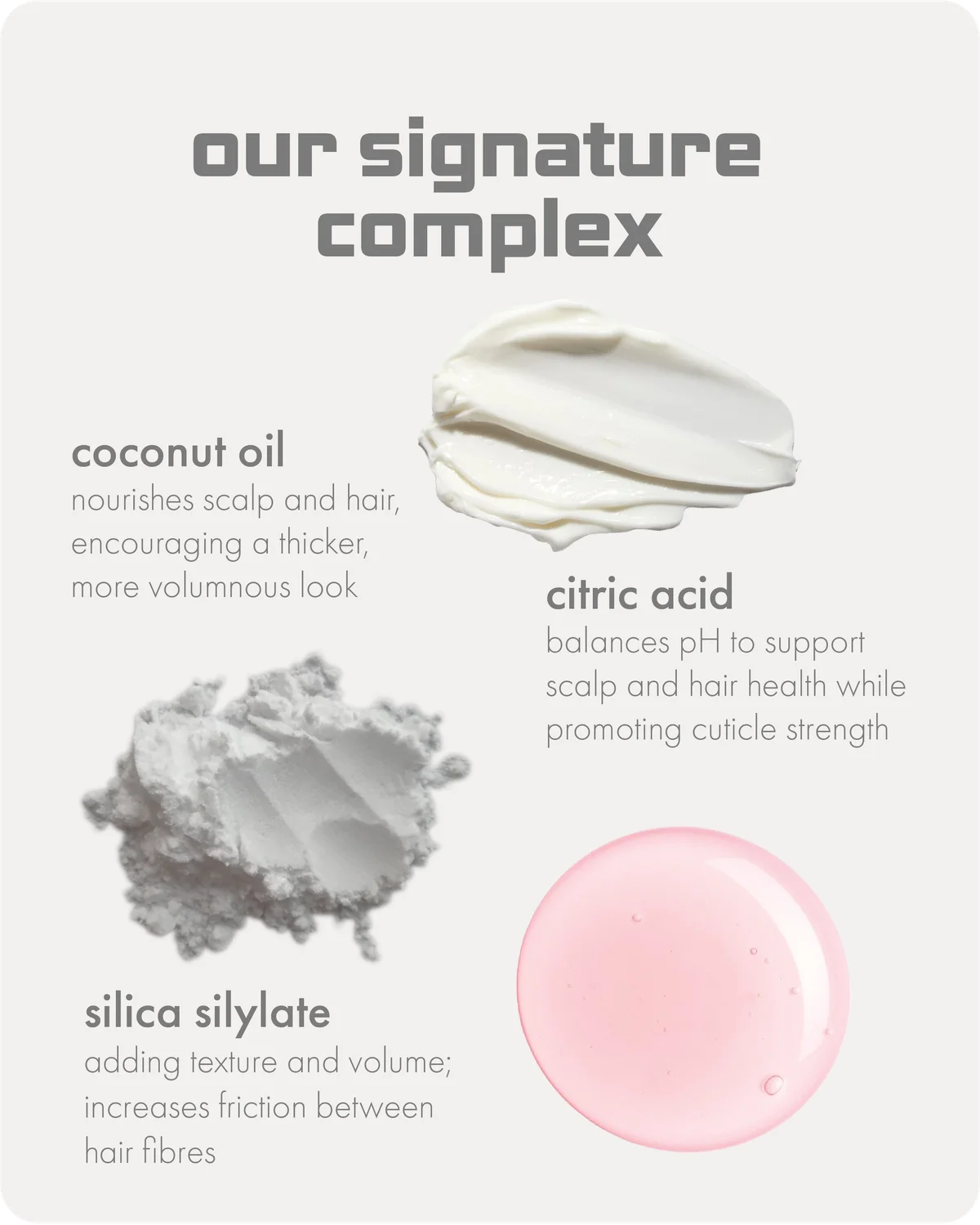 Text and images of coconut oil, citric acid, and silica silylate with descriptions on a light gray background.
