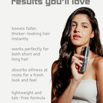 Woman holding a hair product with text about its benefits on a light gray background