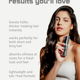 Woman holding a hair product with text about its benefits on a light gray background