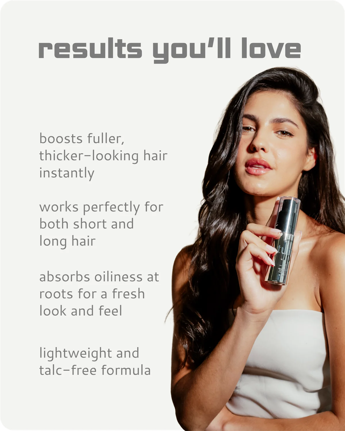 Woman holding a hair product with text about its benefits on a light gray background