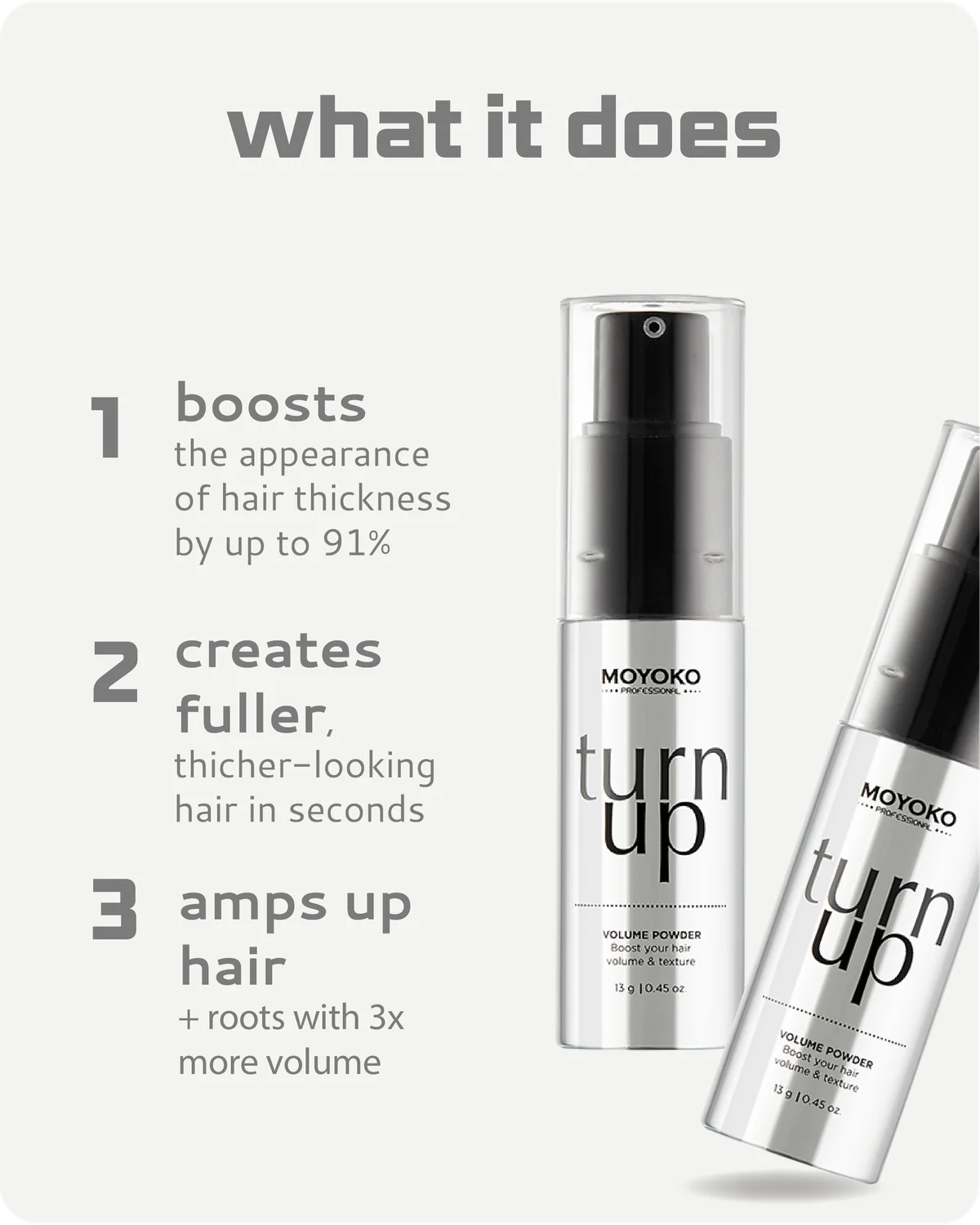 Moyoko 'turn up' volume powder packaging with text highlighting product benefits on a white background