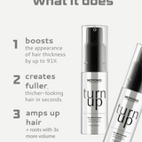 Moyoko 'turn up' volume powder packaging with text highlighting product benefits on a white background
