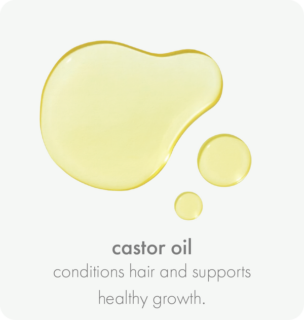 Yellow castor oil droplets on a white background with text about its benefits.