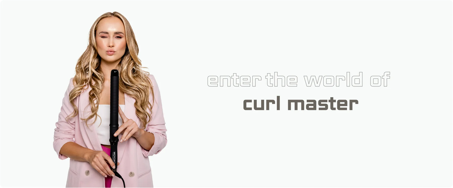 Woman with styled hair holding a curling iron, with 'curl master' branding on a white background