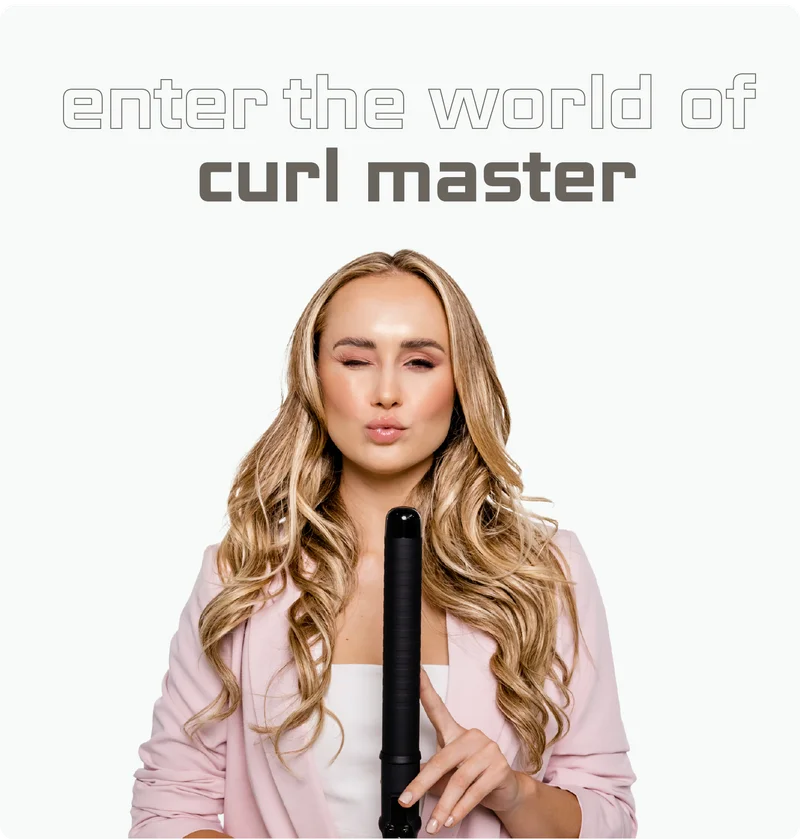 Woman with styled hair holding a hair straightener with 'curl master' branding.