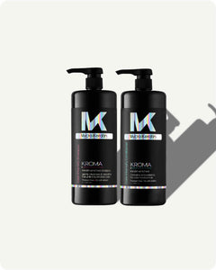 Two black pump bottles of Mycro Keratin Kroma hair care products on a light gray background with a soft shadow.