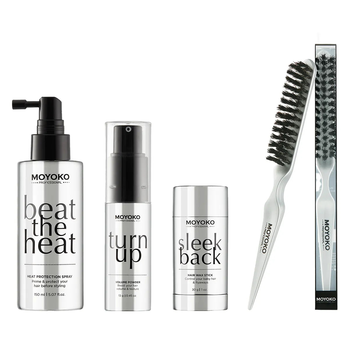 Moyoko  hair styling aids products including heat protection, volume powder, hair wax stick and brush